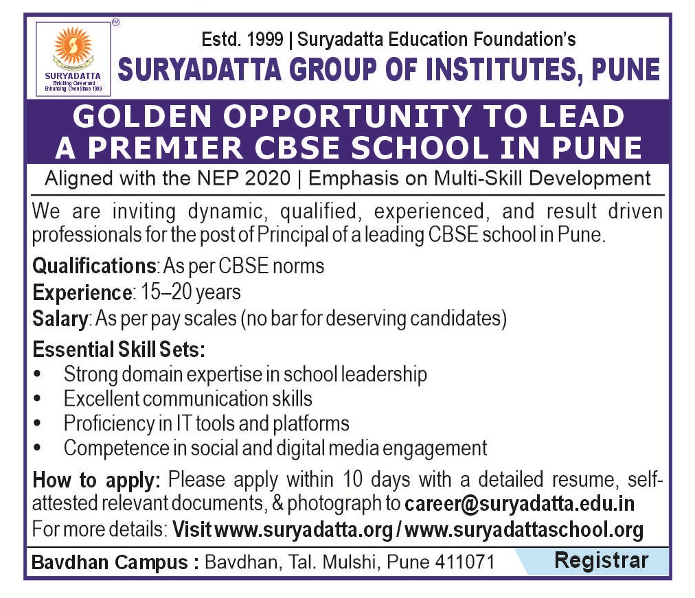 Golden opportunity to lead a premier CBSE School Pune