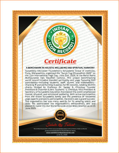 Suryadatta Awarded Indian Icon Records Certificate for Surya Yog Dhyanathon